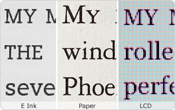 Diferenças entre e-Ink, Papel e LCD Na imagem, em zoom, a comparação de texto nas três tecnologias.